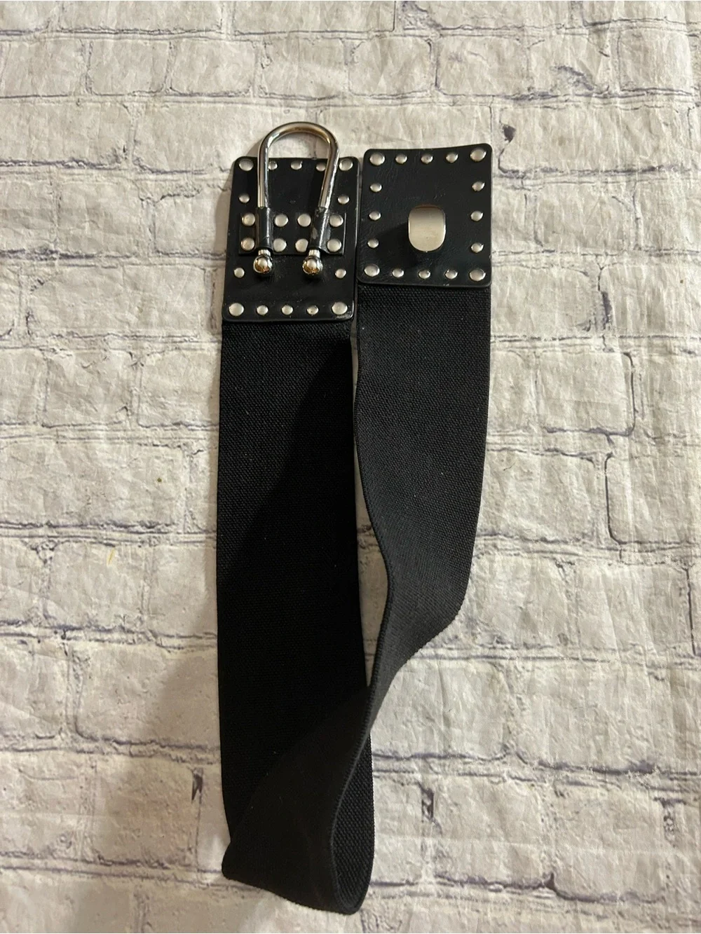 LOT OF (2) BLACK WITH SILVER TONE HARDWARE BIKER STRETCH WIDE BELTS SIZE LARGE